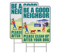 Clean Up After Your Dog Sign with 2pcs Metal H Stakes, 12"x9" Be a Good Neighbor No Pooping Sign for Yard Pick Up