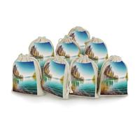 Clean Water And Lake Landscape Bunches Pocket Cotton And Hemp with Drawstring 8 Pieces Reusable Gift Bags Jewelry Pouch for Wedding DIY Craft Party (4.9 X 6.7 Inch)