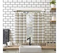 Clean Window Twill Stripe Allergy/Pet Friendly Anti-Dust Sheer Café Kitchen Curtain Panels, 52" x 36", Black/Linen