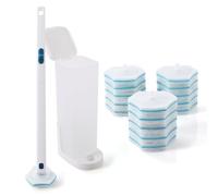 CLEANHOME Disposable Toilet Brush,15.5-inch Portable Handle with Dedicated Base Includes 15 Sponge Brush Heads with Built-in Cleaning Solution Thoroughly Cleans without Odour