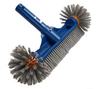 Cleaning Brush with Rounded Bristle Ends, Plastic Construction, and Angled Handle to Reach Pool Corners and Curves Without Causing Damage