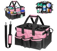 Cleaning Caddy Bag, Large Professional Organiser for Cleaning Supplies with Detachable Dividers & Adjustable Strap, Carry-On Cleaning Tote Bag for Cleaners & Housekeepers, Home, Car, Garden (Pink)