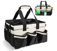 Cleaning Caddy Bag with Handle, Large Multi-Compartment Cleaning Products Organiser Car Wash Tools Bag for Home Garden Car Craft with Removable Dividers, Adjustable Shoulder Strap Waist Belt, Black