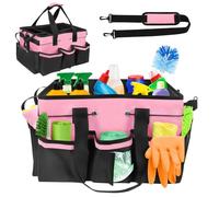Cleaning Caddy with Handle, Multi-Compartment Pink Cleaning Caddy Bag with Detachable Dividers, Foldable Cleaning Products Organiser, Adjustable Shoulder Strap for Domestic Cleaners, Car Detailing