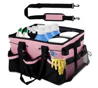 Cleaning Caddy with Handle, Shoulder Strap and Multiple Pockets, 38x26x23cm Large Capacity Cleaning Products Organiser for Housekeepers, Oxford Fabric Car Wash Tools Bag for Detailing Supplies (pink)