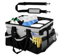 Cleaning Caddy with Handle, Shoulder Strap and Multiple Pockets, 38x26x23cm Large Capacity Cleaning Products Organiser for Housekeepers, Oxford Fabric Car Wash Tools Bag for Detailing Supplies (grey)