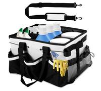 Cleaning Caddy with Handle, Shoulder Strap and Pockets, 38x26x23cm Large Capacity Cleaning Products Organiser for Housekeepers, Oxford Fabric Car Wash Tools Bag for Detailing Supplies (black white)