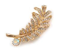 Clear/AB Crystal Feather Brooch In Gold Tone - 45mm Long