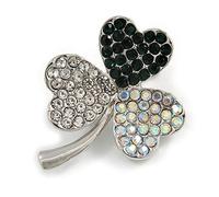 Clear/AB/Dark Green Crystal Clover Leaf Brooc In Silver Tone - 35mm Tall