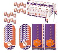 Clear Above Clemson Tigers Party Supplies Set - 16 Plastic 20oz Cups, Table Cover, 16 Dinner Plates, 20 Napkins - Orange Purple Tailgating Disposable Bundle for Fans & Game Day