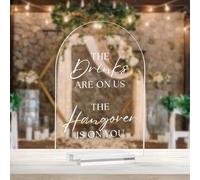 Clear Acrylic Arch Open Bar Sign- 5x7 Inch Clear Wedding Table Sign 1/8" Thick and Stand, Modern Calligraphy White Lettering Arched Acrylic Signage for Wedding Party Event