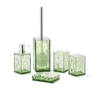 Clear Acrylic Bathroom Accessories Set - Rust-Free, Transparent Design - Includes Soap Dispenser, Toothbrush Holder, Cup, Soap Dish, and Toilet Brush 5-Piece (Saga Green)