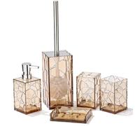Clear Acrylic Bathroom Accessories Set - Rust-Free, Transparent Design - Includes Soap Dispenser, Toothbrush Holder, Cup, Soap Dish, and Toilet Brush 5-Piece (Brown)