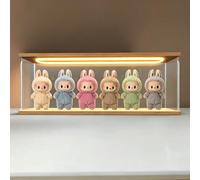 Clear Acrylic Display Cases with LED Light for Action Figures for LABUBU 3.0 Vinyl Plush Collectibles for Lego Storage Box Shelf Stackable Showcase Dustproof Organizer with Door, Wooden 23.6x3.9x7.9in