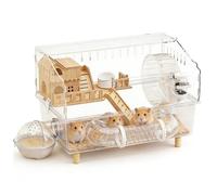 Clear Acrylic Hamster Habitat 2 Level Cage - Small Animal Enclosure with Exercise Wheel Water Bottle Bathroom | Extensive Usage Hedgehog House Activity Rest Sleeping Play Transparent Home