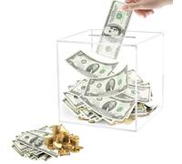 Clear Acrylic Money Box - Unbreakable & Unopenable Piggy Bank for Adults (12x12x12cm), Secure Savings Jar for Cash & Coins, Must Break to Open, Modern Square Design for Home or Office