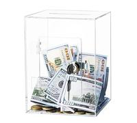 Clear Acrylic Money Box with Lock Large Capacity Square Piggy Bank Reusable Money Saving Box Savings Jar for Cash Saving with Key for Adults Kids Openable 20x15x12cm