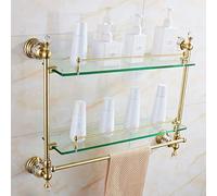 Clear and Gold Tempered Glass Bathroom Shelf with Towel Bar, Wall Mounted 1-2 Layer Shower Storage, Rectangular Design, 20 lb Capacity, 50x16cm/60x45cm Options
