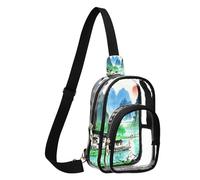 Clear Bag Womens Cross Body Sling Bags Adjustable Strap Teens Camera Bag for Golf,Travel Transparent Purses Chinese Ink Painting Landscape Green