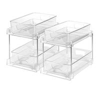Clear Bathroom Organizers Stackable 2-Tier Kitchen Pull Out Under Sink Cabinet Storage Container Reusable Vanity Countertop Sliding Drawers Storage Unit for Pantry Skincare Spices (2 Pack)