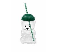Clear Bear Shaped Drinking Cup with Green Beanie Lid, Reusable Glass Tumbler, Striped Straw, Novelty Beverage Container, Gift Box Packaging