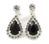 Clear/Black Crystal Teardrop Clip-On Earrings In Silver Tone Metal - 33mm L
