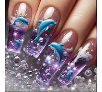 Clear Blue Dolphins Design Mediums Square 24Pcs Long Artificial Nails For Daily Wear