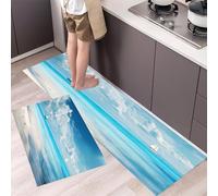 Clear Blue Waters Kitchen Rugs Sets Non Slip Washable Kitchen Mats Anti Fatigue Comfort White Beach Oil Painting Floor Mats for Laundry, Hallways, Sink 43x75cm+43x120cm Light Blue