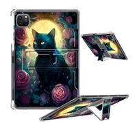 Clear Case for iPad Pro 12.9 2022/2021/2020/2018 Soft TPU Cover with Foldable Kickstand & Pencil Holder, Shockproof Rugged Cover for iPad Pro 12.9" 6th/5th/4th/3rd Gen, Pink Rose Black Cat