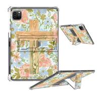 Clear Case for iPad Pro 12.9 2022/2021/2020/2018 Soft TPU Cover with Foldable Kickstand & Pencil Holder, Shockproof Rugged Cover for iPad Pro 12.9" 6th/5th/4th/3rd Gen, Floral Wooden Cross