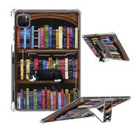 Clear Case for iPad Pro 12.9 2022/2021/2020/2018 Soft TPU Cover with Foldable Kickstand & Pencil Holder, Shockproof Rugged Cover for iPad Pro 12.9" 6th/5th/4th/3rd Gen, Cat Sleeping Bookshelf