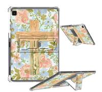 Clear Case for Samsung Galaxy Tab S6 Lite 10.4 inch 2024/2022/2020 with Foldable Kickstand & Pencil Holder, Shockproof Rugged Cover for Galaxy Tab S6 Lite Tablet, Floral Wooden Cross