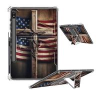 Clear Case for Samsung Galaxy Tab S8 Plus 2022/S7 FE 2021/S7 Plus 2020 12.4" with Foldable Kickstand & Pencil Holder, Shockproof Case for Galaxy Tab S8+/S7 FE/S7+, Wooden Cross American Flag
