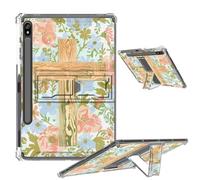 Clear Case for Samsung Galaxy Tab S8 Plus 2022/S7 FE 2021/S7 Plus 2020 12.4" with Foldable Kickstand & Pencil Holder, Shockproof Case for Galaxy Tab S8+/S7 FE/S7+, Floral Wooden Cross