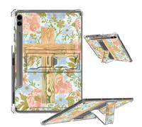 Clear Case for Samsung Galaxy Tab S9 FE Plus 12.4 Inch 2023 Soft TPU Cover with Foldable Kickstand & Pencil Holder, Shockproof Rugged Case for Galaxy Tab S9 FE+ Tablet, Floral Wooden Cross