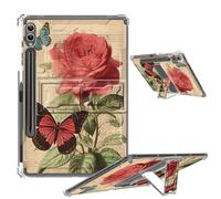 Clear Case for Samsung Galaxy Tab S9 Ultra 2023 with Foldable Kickstand & Pencil Holder, Shockproof Case for Galaxy Tab S9 Ultra Tablet SM-X910/SM-X916B/SM-X918U, Red Rose Butterflies