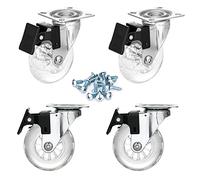Clear Caster Wheels 75 mm Casters Set of 4 Heavy Duty, Locking Industrial Casters with 360 Degree No Noise Transparent Polyurethane Wheels, Swivel Plate Casters with Brake - Pack of 4