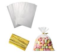 Clear Cellophane Gift Plastic Bakery OPP Flat Bottom for Sweet Bread Cake with Gold Ribbons Twist Ties Birthday Gifts Wrapping 20.32×30.48cm/8×12inch 100 pieces