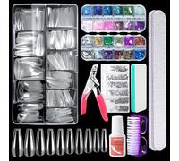 Clear Coffin Nail Tips, Long Acrylic Nail Kit Full Cover Clear Press On Nails, 500 Pcs Fake Nails with Glue, Nail Clipper, Files, Buffer Polisher, Brush, Foil and Butterflies Sequins Stickers