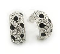 Clear Crystal Black Enamel C-Shape Half Hoop Earrings/Silver Tone/ 18mm L