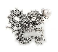 Clear Crystal Dragon with Pearl Brooch In Silver Tone - 50mm