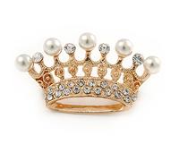 Clear Crystal Faux Pearl Crown Brooch In Gold Tone Metal - 45mm