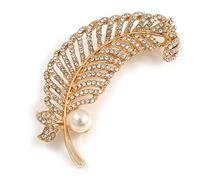 Clear Crystal Feather Brooch In Gold Tone - 65mm Long