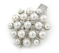 Clear Crystal Glass Pearl Flower Hair Beak Clip/Concord Clip/Clamp Clip In Silver Tone - 45mm L