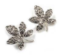 Clear Crystal Leaf Stud Earrings In Silver Tone Metal - 28mm Tall