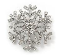 Clear Crystal 'Snowflake' Brooch In Silver Plating - 4cm Diameter