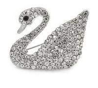Clear Crystal Swan Brooch In Silver Tone Metal - 30mm