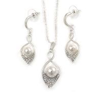 Clear Crystal, White Glass Pearl Calla Lily Pendant with Chain and Drop Earrings Set/Silver Tone/ 40cm L/ 5cm Ext