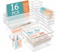 Clear Desk Drawer Organizers 16Pcs PP Makeup Drawer Organiser Trays Vanity Drawer Organizer Trays Reusable Cosmetics Container Tray Utensil Cutlery Set Divider for Makeup Officce Bathroom Gadgets