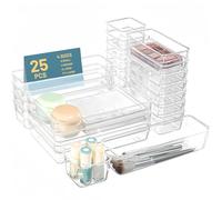 Clear Desk Drawer Organizers 25Pcs PP Makeup Drawer Organiser Trays Vanity Drawer Organizer Trays Reusable Cosmetics Container Tray Utensil Cutlery Set Divider for Makeup Officce Bathroom Gadgets